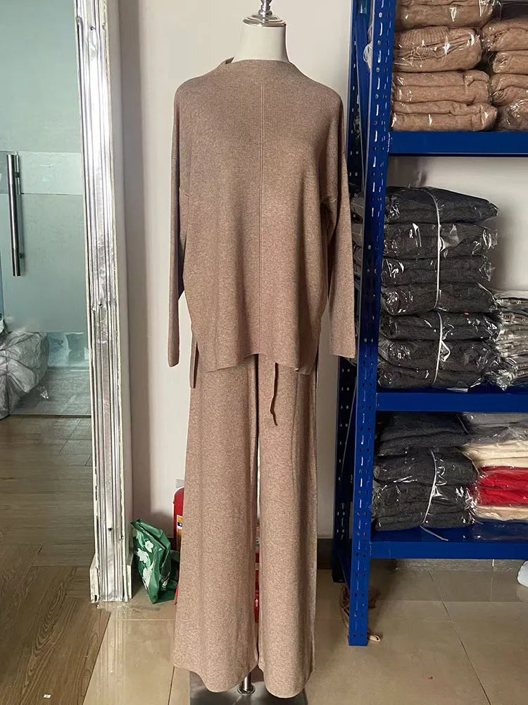 BKQU Knitted Fashion 2 Pieces Sets Women Half Turtleneck Split Sweater Wide Leg Pants Autumn Winter Loose Warm Knitted Outfits