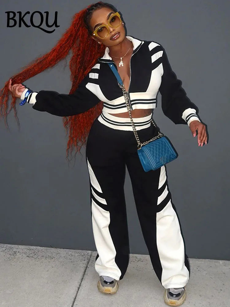 BKQU Zipper Sweatshirt Pants 2 Piece Set Women Contrast Patchwork Long Sleeve Crop Jacket Wide Leg Jogging Pant Casual Tracksuit