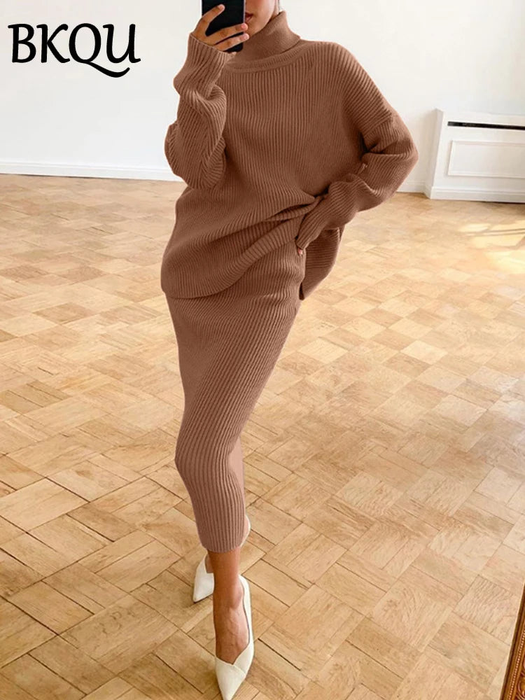 BKQU Knitted Dress Sets Women Loose Turtleneck Sweater Pullover And High Waist Long Skirt Two-Piece Set 2024 Fall Winter Outfits
