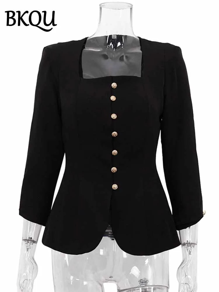 BKQU Elegant Square Neck Button Shirts Women Long Sleeve Classic Solid Crop Top Spring 2025 Female Cardigan Slim Commute Outwear