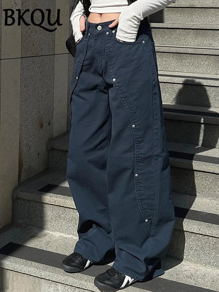 BKQU Fashion Straight Wide Leg Pants Women Baggy Jeans 2024 New American High Waist Irregular Rivets Design Wash Denim Trousers