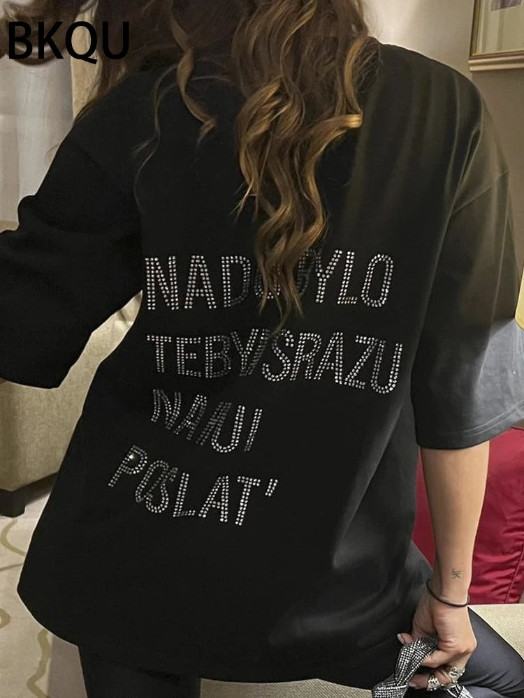 BKQU Black Rhinestone Short Sleeve T-shirt Women Aesthetic Irregular Round Neck Diamond Loose Pullover Basic Tees 2024 Summer