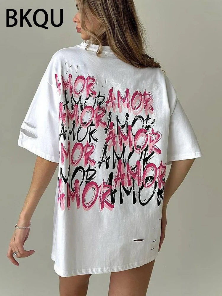 BKQU Cut Out Oversized Letter Printed T Shirts Women 2024 Summer Short Sleeve O-neck Loose Tees Flower Graphic 2000s Tops Shirt