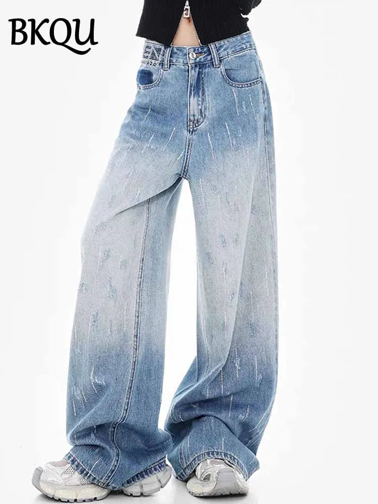 BKQU Rhinestone Jeans for Women Fashion Loose Wide Leg Denim Pants  High Wait Washed Blue Diamond Straight Jeans Chic Streetwear