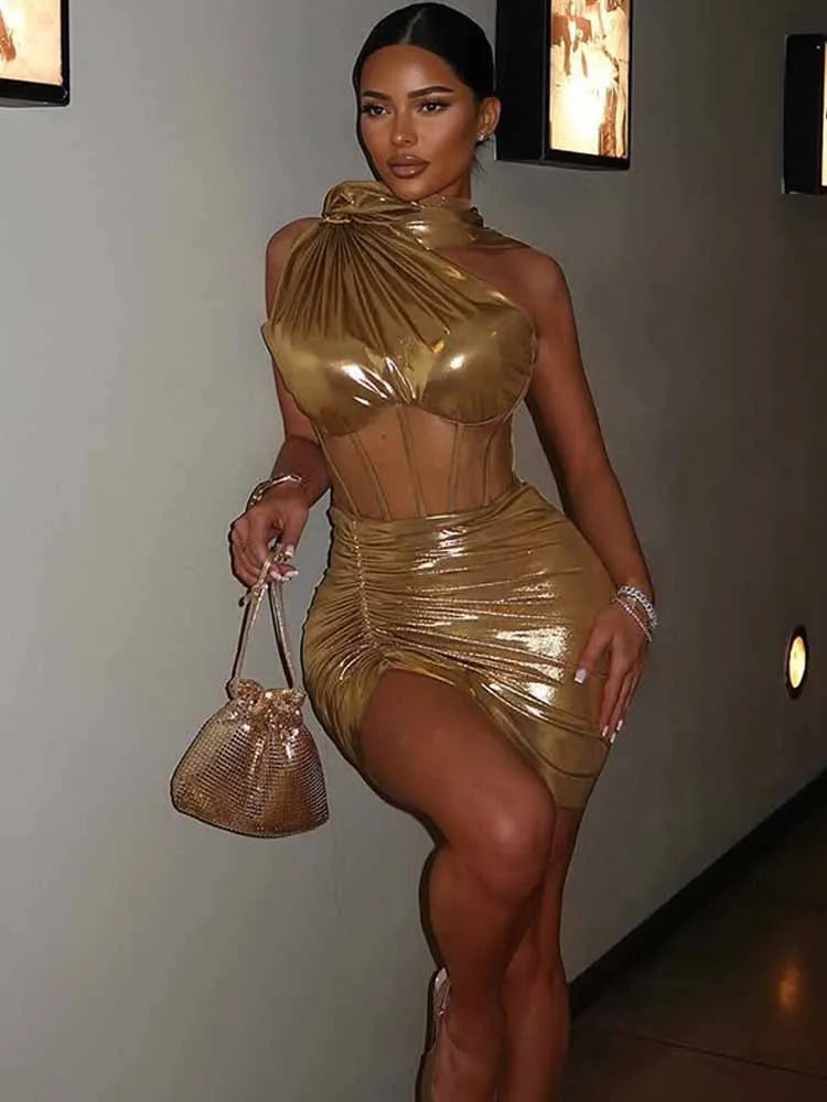 BKQU Mesh Patchwork Sexy 2 Piece Set Women Chic One Shoulder Scarf Tank Tops+Ruched Mini Skirts 2025 Summer Party Club Outfits