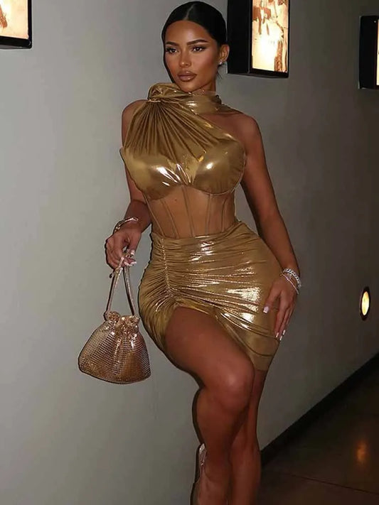 BKQU Mesh Patchwork Sexy 2 Piece Set Women Chic One Shoulder Scarf Tank Tops+Ruched Mini Skirts 2025 Summer Party Club Outfits