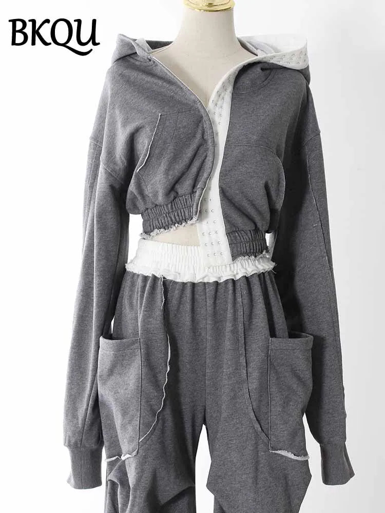 BKQU Hoodies Tracksuit Women Pant Sets Contrast Color Long Sleeve Sweatshirt Coat High Waist Pockets Wide Leg Pants 2 Pieces Set