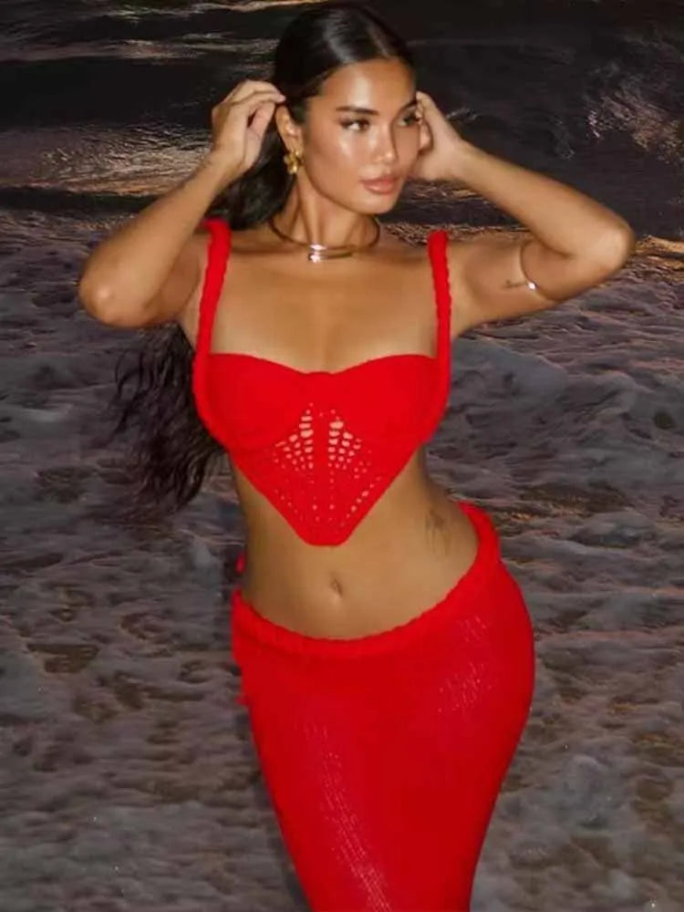 BKQU Crochet Knit Skirts Set Women Sexy Hollow Out Lace Up Crop Tops Hip Package Split Long Skirt Elegant 2 Pieces Beach Outfits