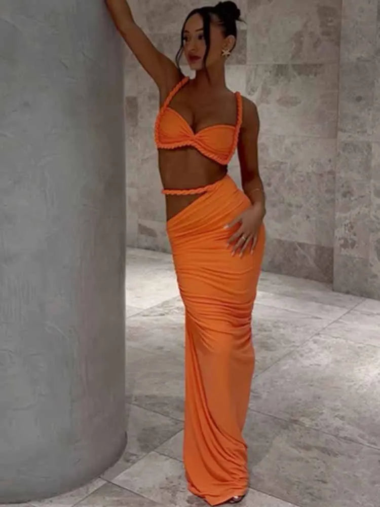 BKQU Hollow Out Sexy Women 2 Piece Set Vacation Outfit Twist Sling Bikini Crop Tops Ruched Slim Long Skirts Matching Suits 2025