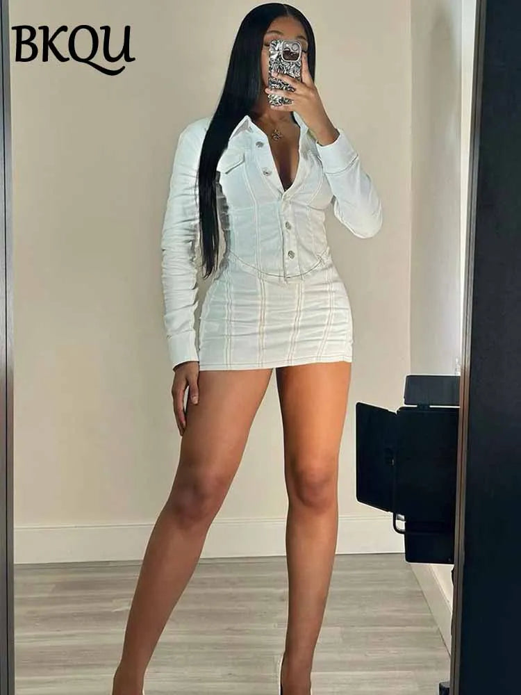 BKQU Denim Cargo Style 2 Piece Set Women Long Sleeve Single-Breasted Jacket Striped Mini Skirt Casual Matching Set 2025 Street