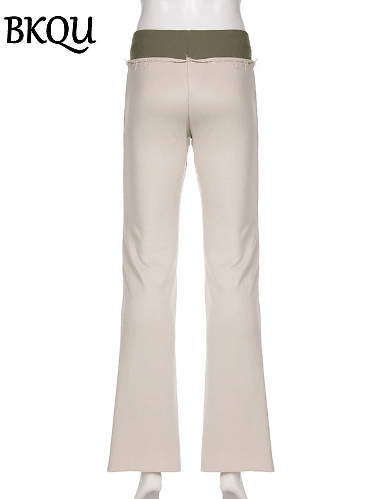 BKQU Casual Patchwork Flare Pants Women Low Waist Drawstring Sweatpants Y2k Streetwear Basic Contrast Skinny Yoga Leggings Pants