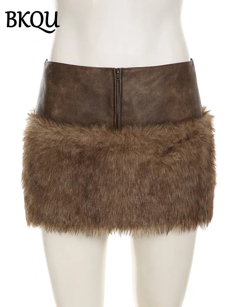 BKQU Leather Splicing Faux Fur 2 Piece Sets Women Autumn Winter Fluffy Warm Lapel Full Sleeve Crop Jacket Low Waist Mini Skirts