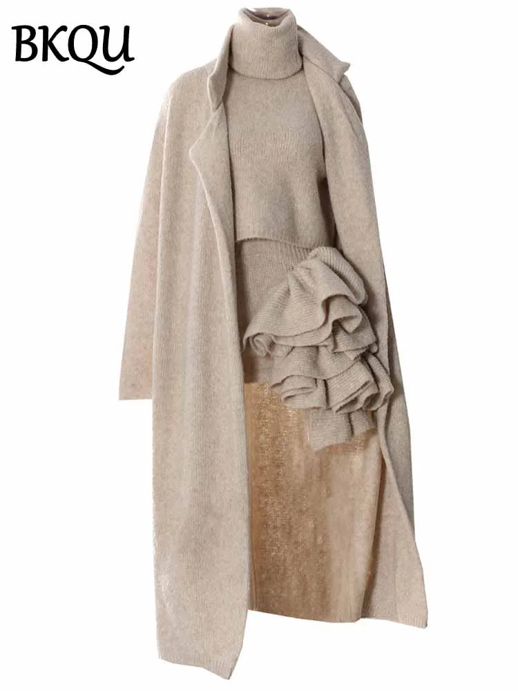 BKQU Knitted 3 Piece Set Women Temperament Long Sweater Cardigan Turtleneck Sleeveless Vest 3D Flower Mini Skirts Chic Sets 2025