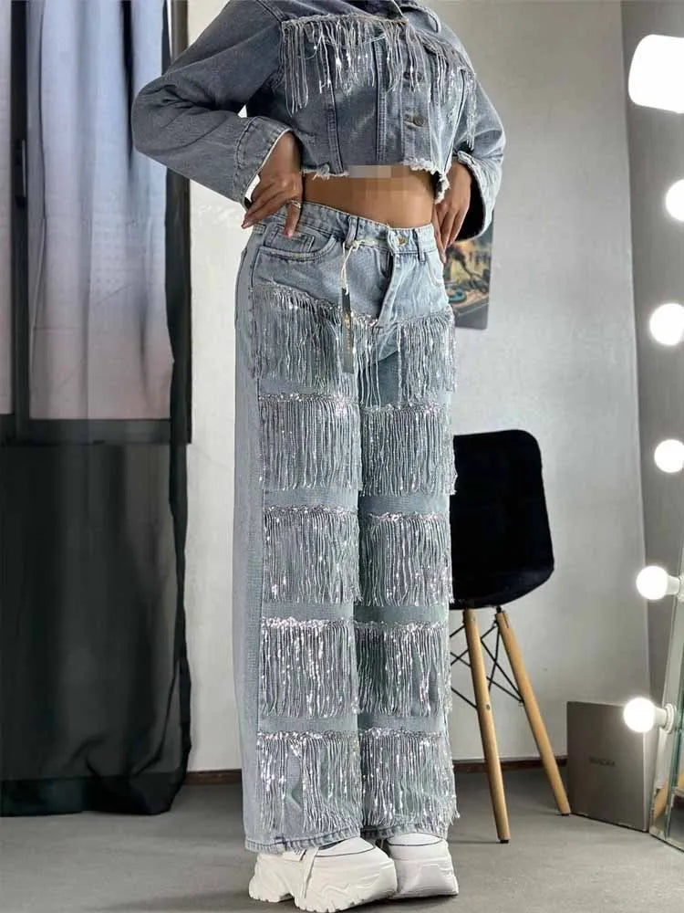 BKQU Fashion Sequined Tassel Jeans Women's 2025 New High Waist Straight Denim Pants Streetwear Hip Hop Blue Shiny Jeans Trousers