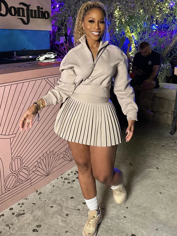 BKQU Elegant Solid 2 Piece Set Women Casual Long Sleeve Sweatshirt Pleated Mini Skirt Suit Autumn Winter Party Simple Clothing