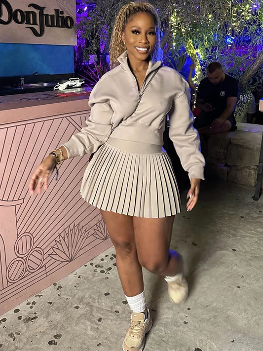 BKQU Elegant Solid 2 Piece Set Women Casual Long Sleeve Sweatshirt Pleated Mini Skirt Suit Autumn Winter Party Simple Clothing