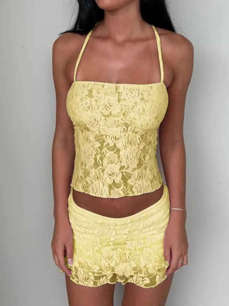 BKQU 2 Piece Set Women Lace Outfits Y2k Sexy Mesh Halter Tie Backless Tank Top Low Waist Ruffle Mini Skirt Suits Party Clubwear
