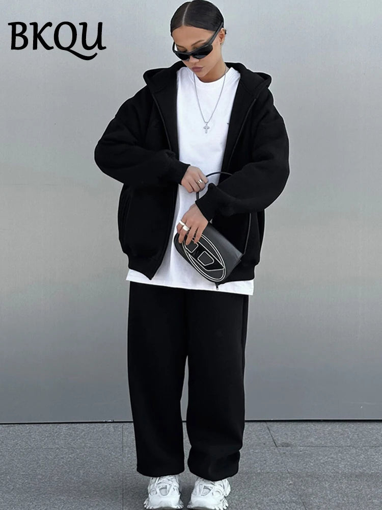 BKQU Hoodies Tracksuits Women 2024 Casual Zipper Long Sleeve Hooded Sweatshirts and Sports Pants Matching Set Autumn Winter