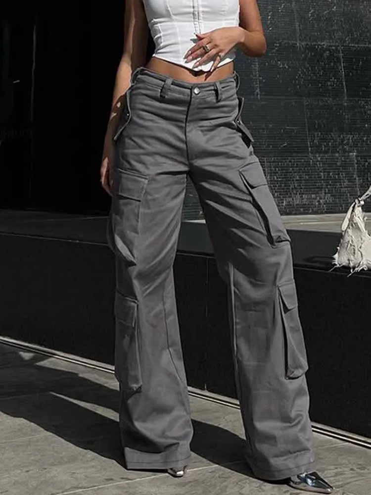 BKQU Multi-pockets Vintage Cargo Pants Women High Waist Straight Leg Baggy Trousers Casual All-Match Streetwear Y2K Sweatpants