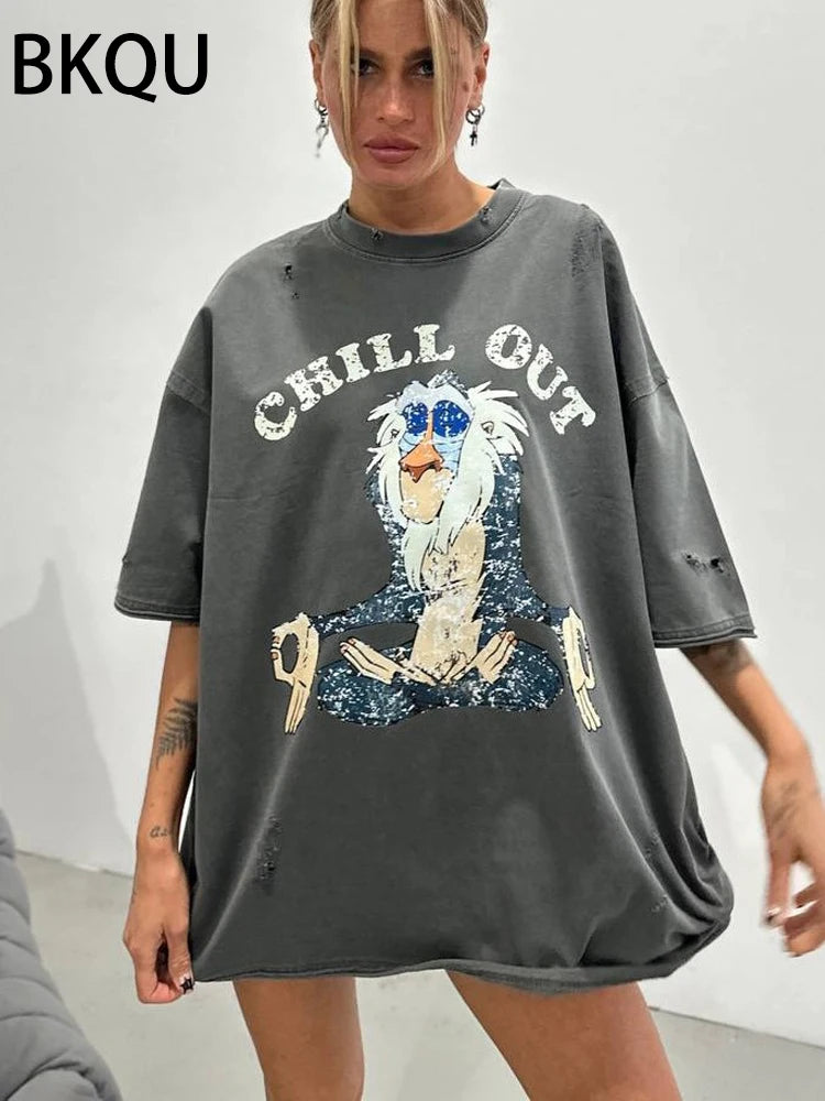 BKQU Cartoon Graphic Printed T Shirt Women Ripped Half Sleeve O-neck Tee Shirts Letter Loose Oversized y2k Pullovers Streetwear