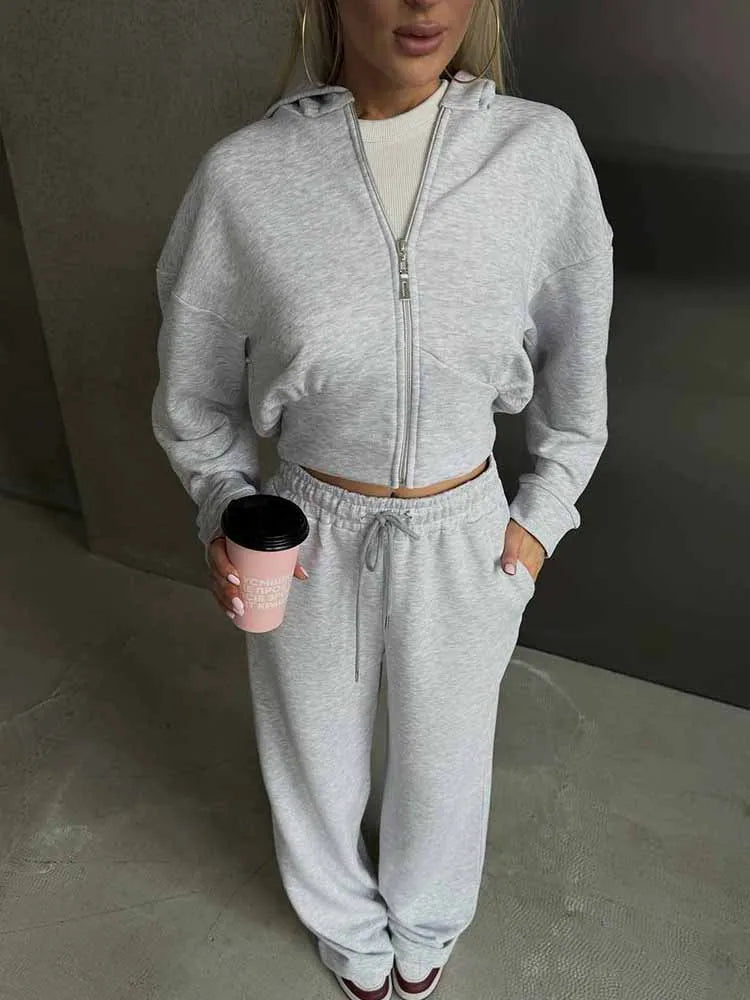BKQU Casual Pants Sets Woman Hooded Long Sleeve Zipper Sweatshirt Solid Lace-up Wide Leg Sweatpants 2025 New Fashion Tracksuit