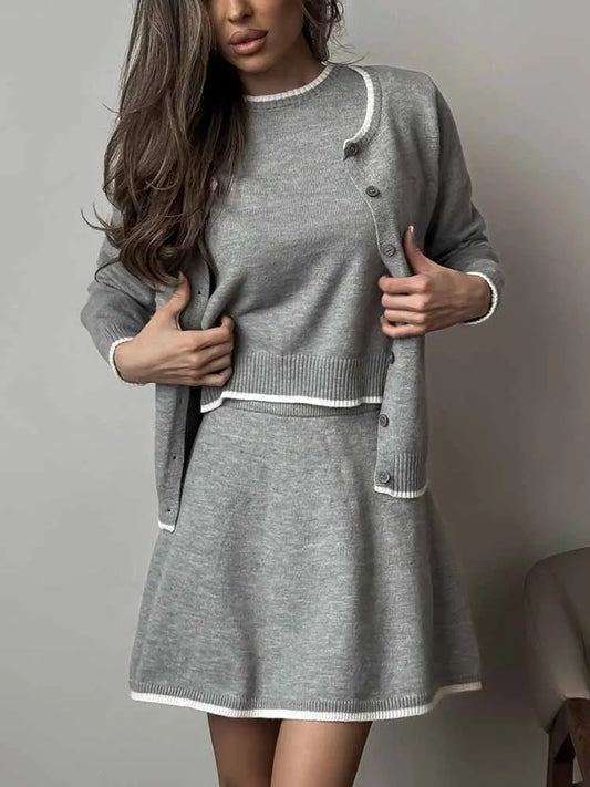 BKQU Elegant Knitted Set Women 3 Pieces Single Breasted Cardigan Short Sleeve T-shirt&Mini Skirt Suits Chic Lady Streetwear 2025