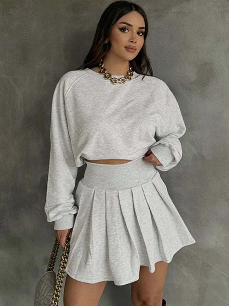 BKQU Pleated Skirt 2 Piece Set Women Casual Tracksuit Long Sleeves Sweatshirt and High Waist Mini Skirts Matching Outfits Autumn