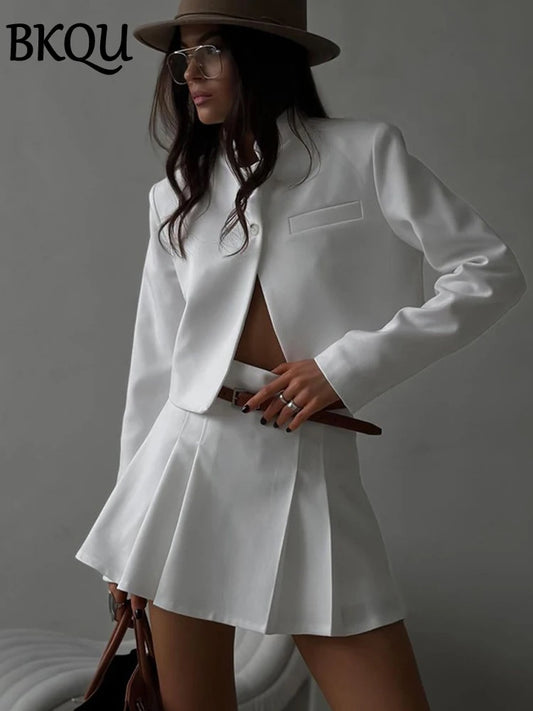 BKQU Elegant Pleated 2 Piece Sets Women Outfit Stand Collar Button Crop Jacket and High Waist Mini Skirt Fashion Slim Office Set