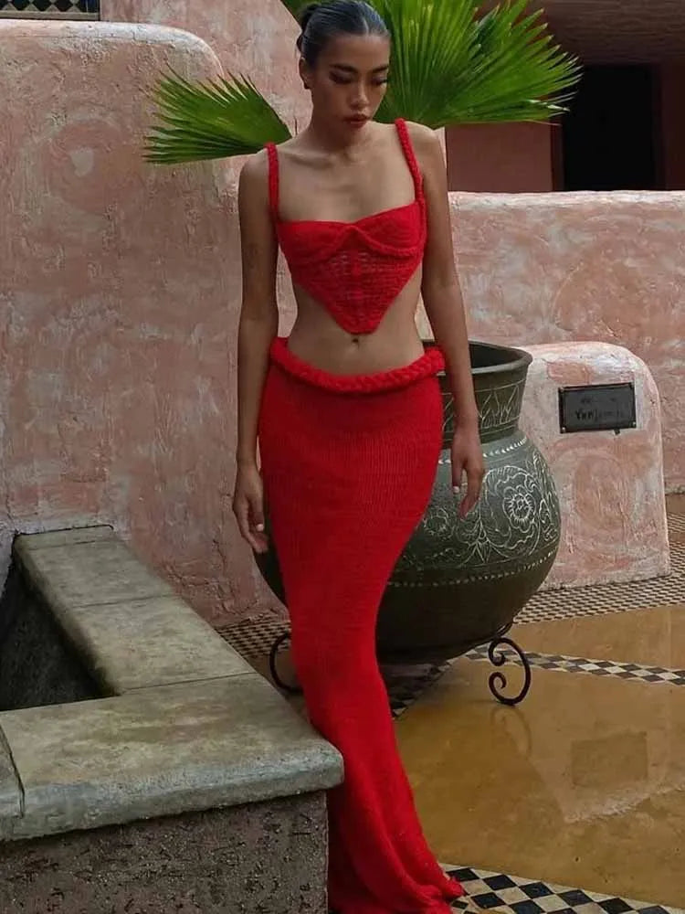 Chic Knitted Bikini Vest Skirt Sets Women Shell Twist Strap Backless Crop Top Hip Package Split Long Skirt 2 Piece Beach Outfits