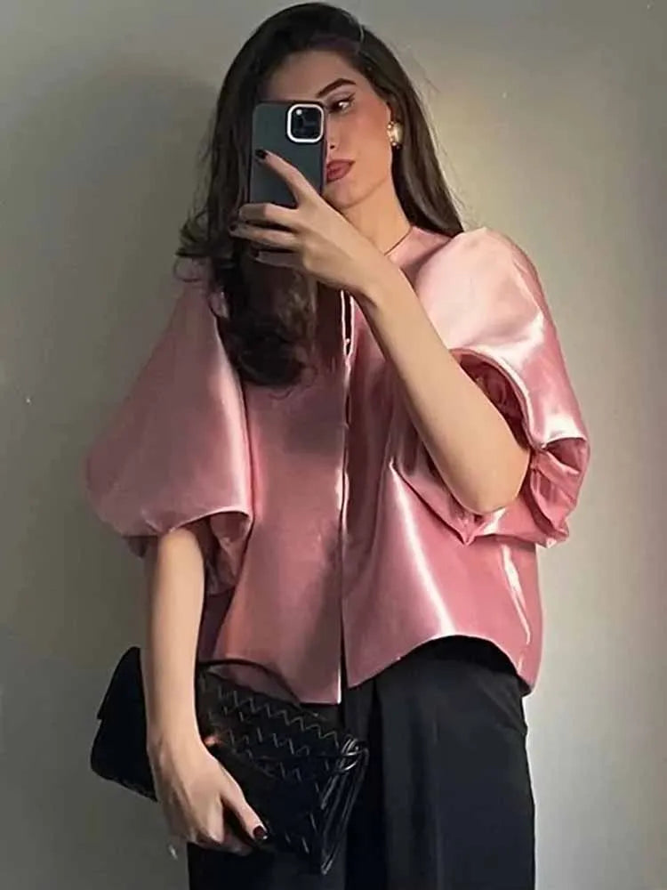 BKQU Elegant Satin Puffy Short Sleeve Shirts Women Solid Loose O-neck Single Breasted Blouses Female 2025 Chic Streetwear Tops