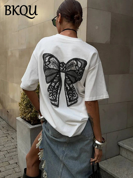BKQU Summer Printed Short Sleeve T-shirt Women y2k Bow Sweet Basic Loose Crewneck Tees Tops Lady Fashion Clothing 2024