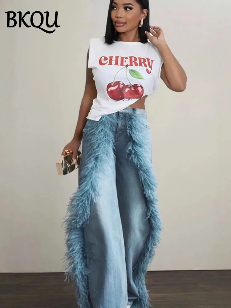 BKQU Feather Spliced Washed Jeans Women Baggy Wide Leg Denim Pants Y2K High Waist Fashion Streetwear 2025 Straight Jean Trousers