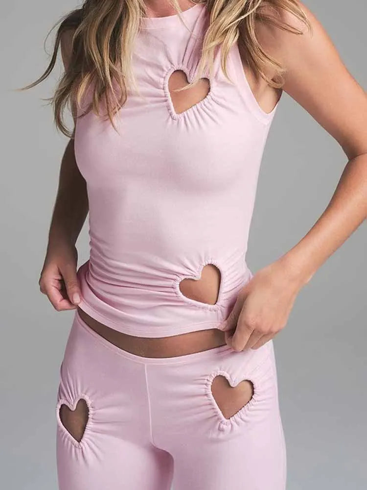 BKQU Heart Ruched Hollow Women 2 Piece Set Casual O-neck Sleeveless Tank Tops+High Waist Skinny Pants Suit Female Y2K Streetwear