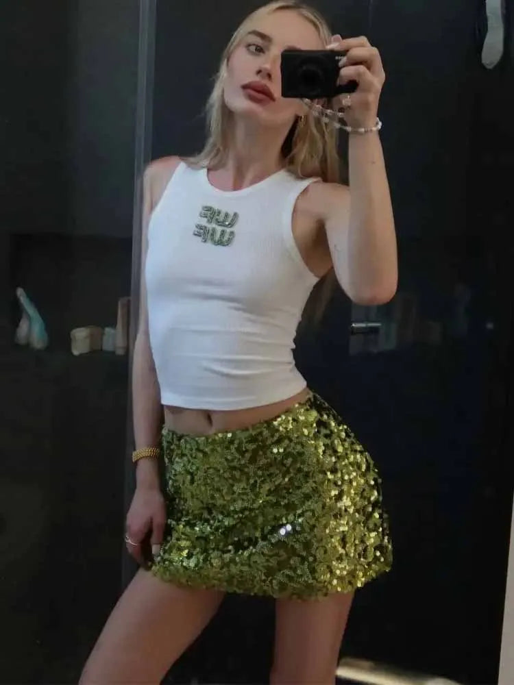 BKQU Fashion Slim Green Sequin Mini Skirt Women Sparkling A-Line High Waist Wrap Short Skirts Female 2025 Summer Party Club Y2k