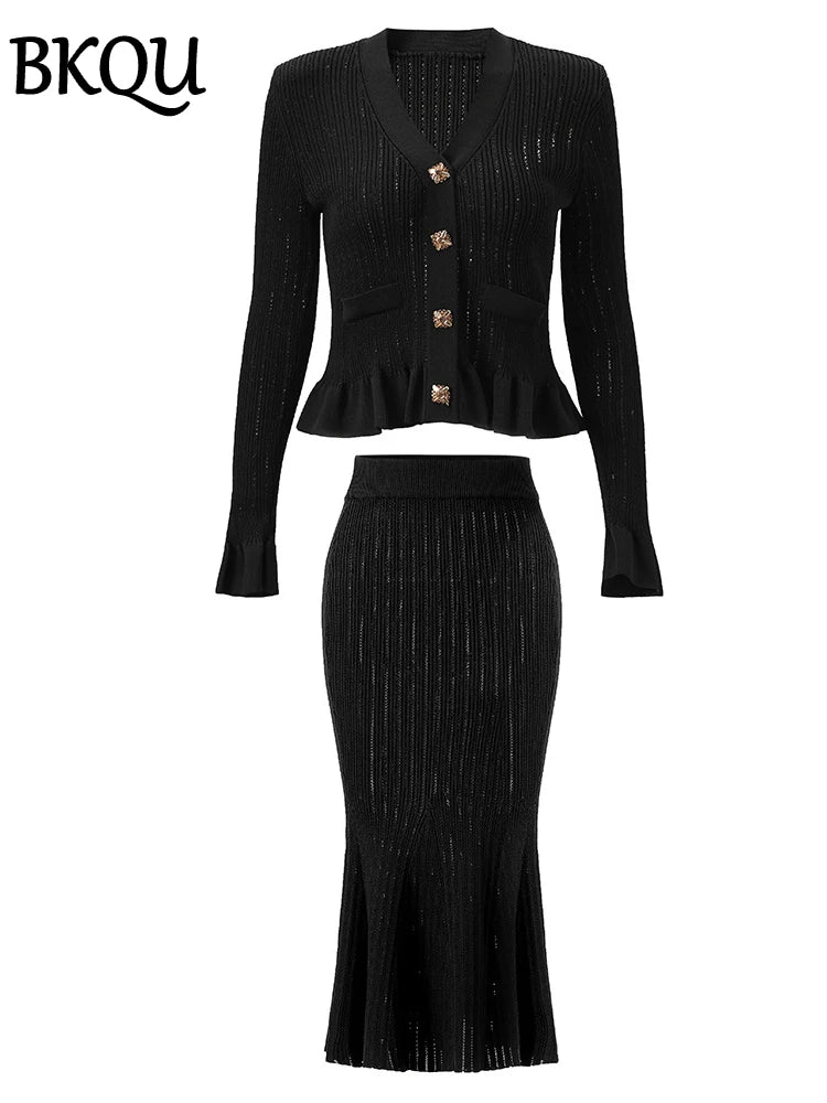 BKQU 2 Pieces Elegant Knit Women's V-neck Ruffles Single Breasted Sweater Slim Long Mermaid Skirt Set Winter Luxury Party Outfit