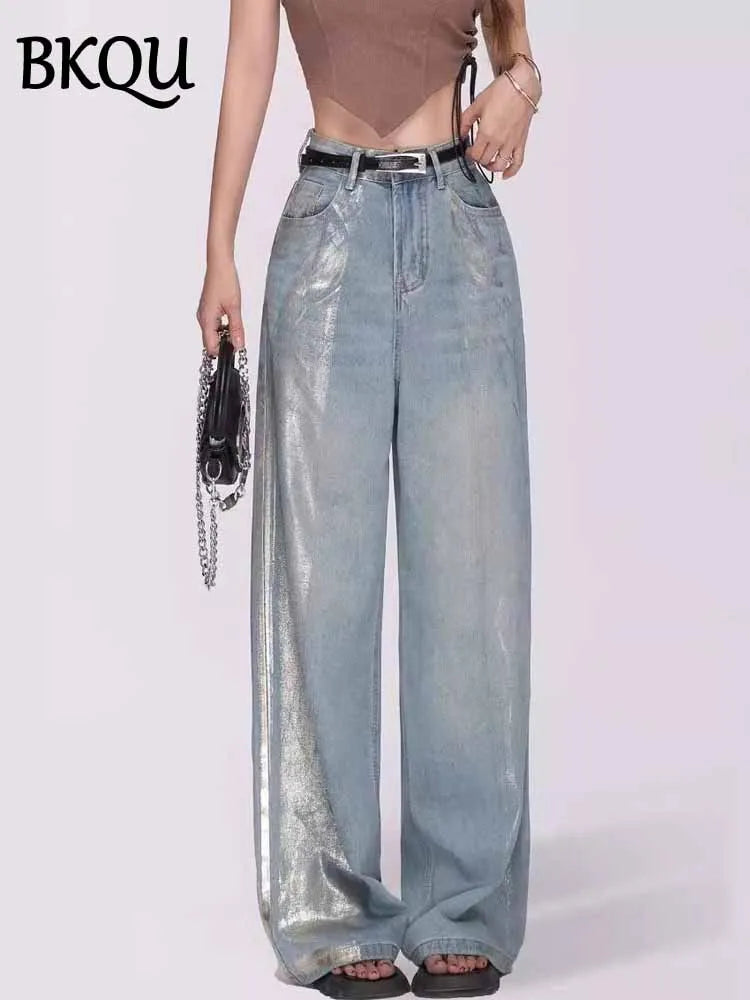 BKQU Aesthetic Metallic Jeans Women Baggy Wide Leg Pants Y2K High Waist Elegant Streetwear Denim Casual Straight Trousers 2025
