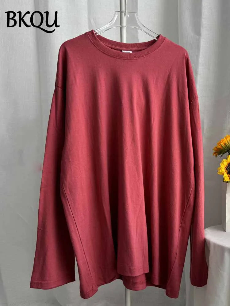 BKQU Solid Color Long Sleeve T Shirt Women Oversized Basic O-neck Cotton Tops Female Casual Soft Loose Pullover Tshirt 13 Colors