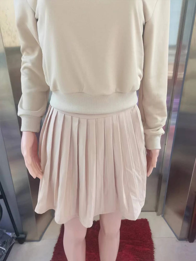 BKQU Elegant Solid 2 Piece Set Women Casual Long Sleeve Sweatshirt Pleated Mini Skirt Suit Autumn Winter Party Simple Clothing