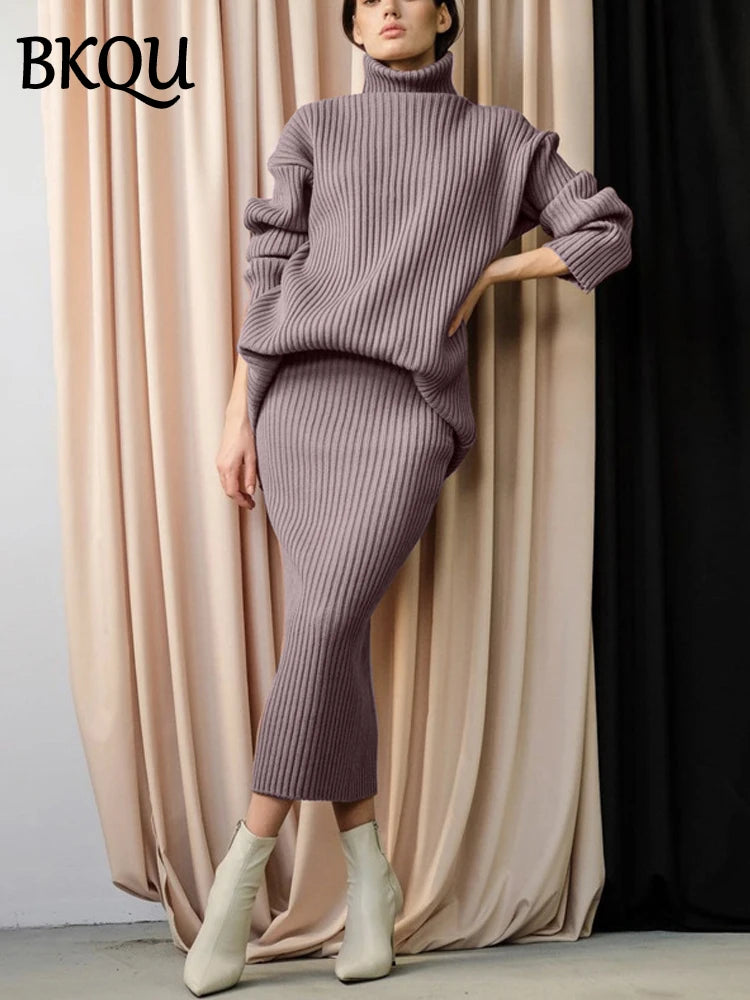 BKQU Turtleneck Sweater Elegant Knitted Skirt Suit Women Autumn Winter Soft Loose Pullover Elastic Slim Midi Skirt Two Piece Set