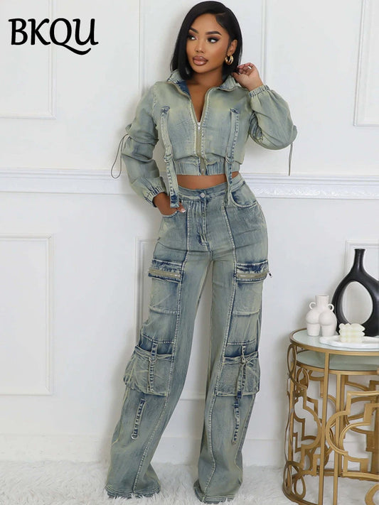 BKQU Cargo Denim Pants Two Piece Sets Women Long Sleeve Zipper Short Jacket Multi-Pocket Straight Jeans Retro High Street Outfit