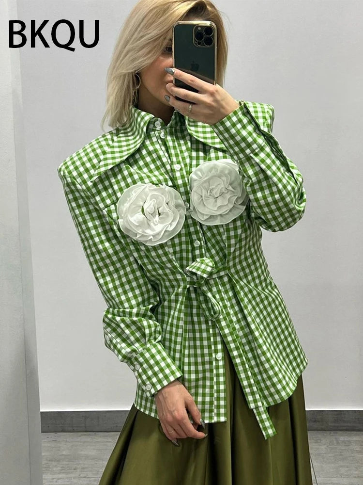 2024 New 3D Three-Dimensional Floral Blouses Women Elegant Long Sleeve Lapel Plaid Shirt Jacket Buttons Wide Shoulder Blouse Top