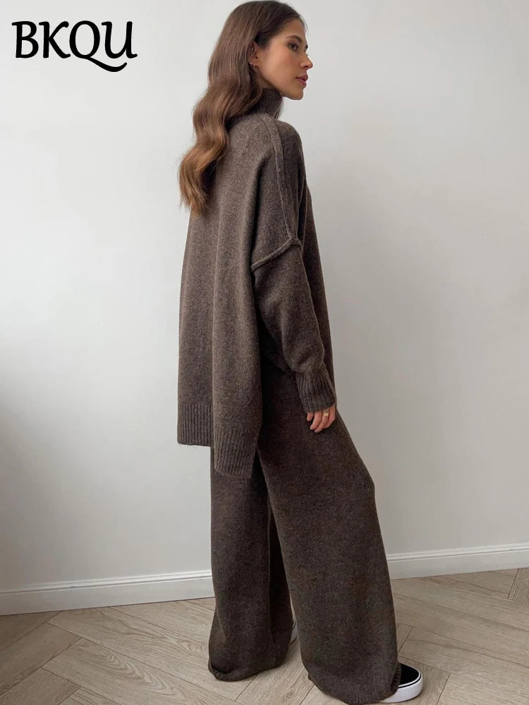 BKQU Casual Knit Two Piece Sets Women Split Turtleneck Long Sleeve Sweater Wide Legs Pants Suit Female Loose Winter Loungewear