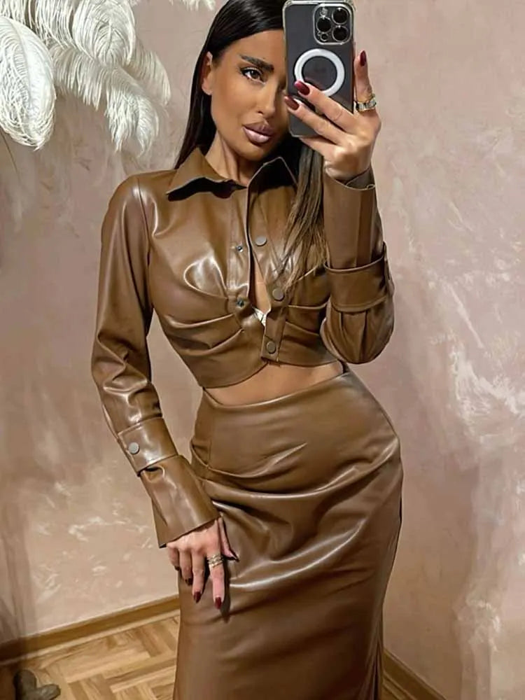 BKQU Chic Leather Women Jacket Skirt Suit Elegant Lapel Single Breasted Ruched Coat Split Bodycon Long Skirt 2 Piece Outfit 2025