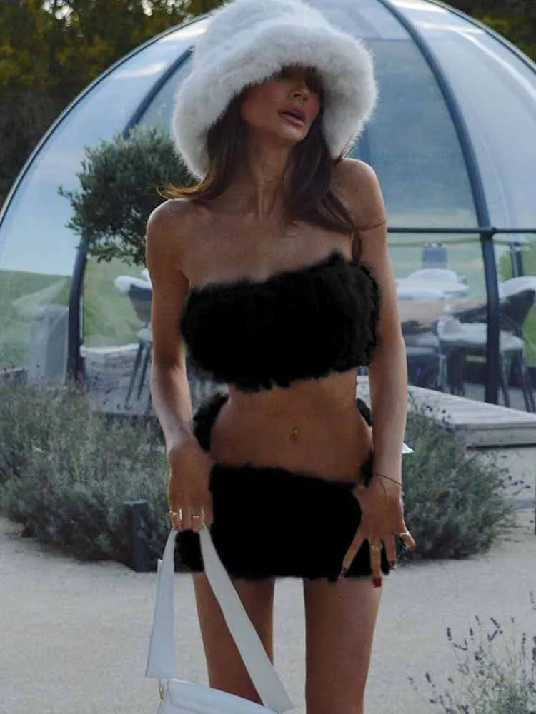BKQU Furry Sexy Two Piece Set Women Strapless Vest Crop Top Bodycon Mini Skirts Elegant Outfits 2025 Party Clubwear Suits Y2K