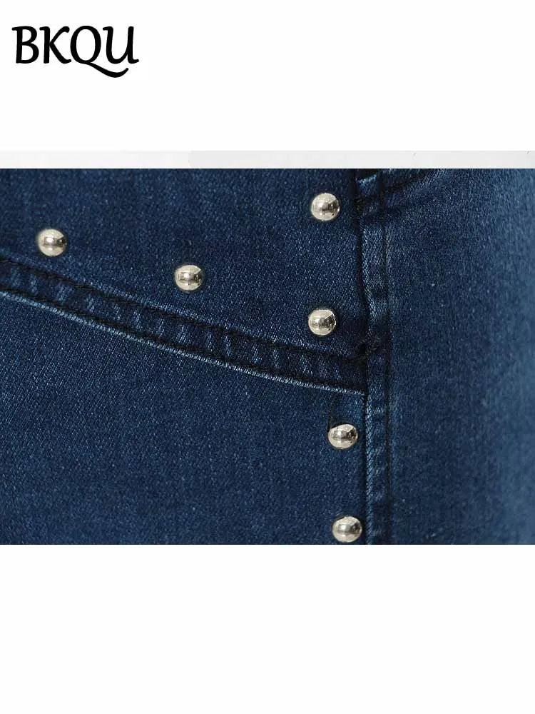 BKQU Skinny Pencil Jeans Women Beaded Decoration Fashion Irregular Waist Stretch Denim Pants 2025 New Elegant Jeans Trousers y2k