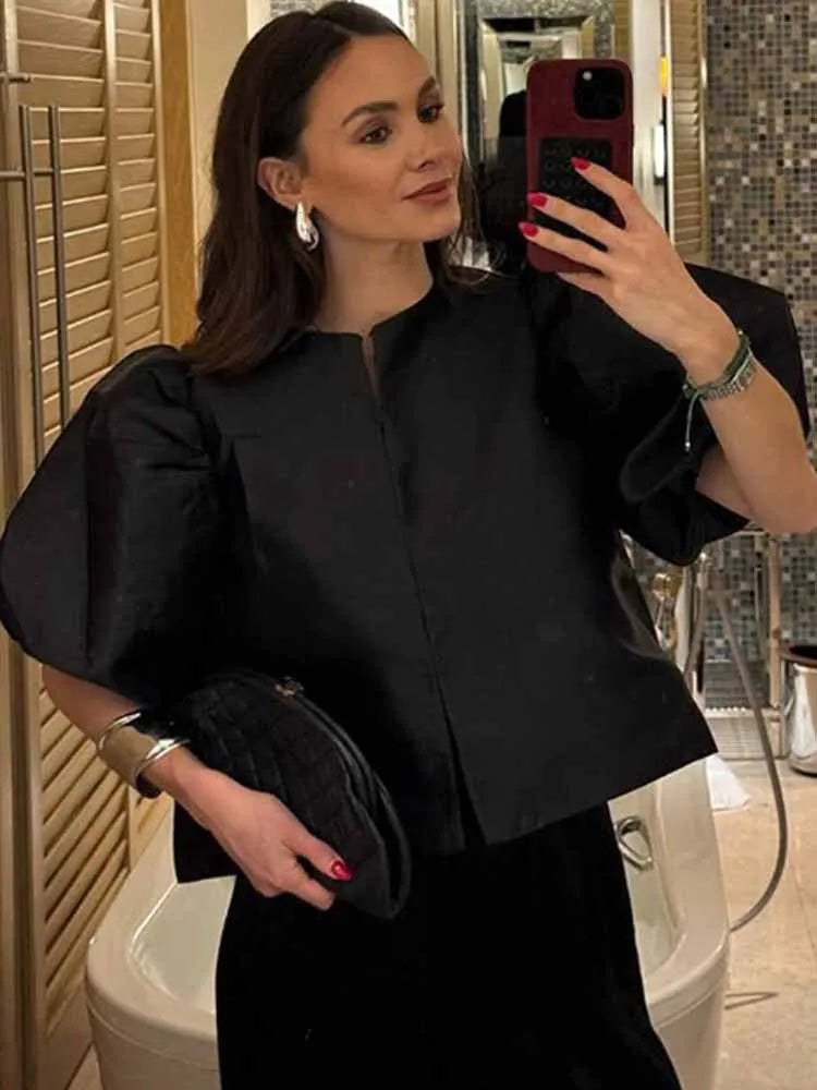 BKQU Elegant Satin Puffy Short Sleeve Shirts Women Solid Loose O-neck Single Breasted Blouses Female 2025 Chic Streetwear Tops