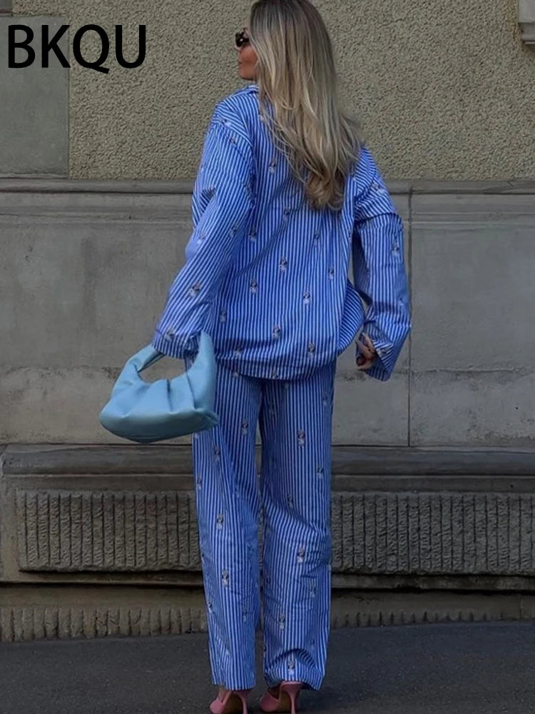 BKQU Striped Pants Set Women Fashion Cartoon Printed Long Sleeve Loose T shirts and High Waist Wide Leg Pant Two Piece Sets 2024