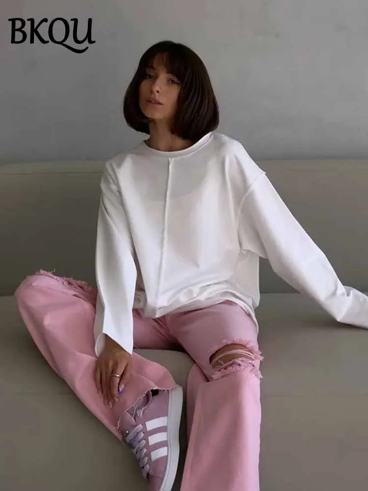 BKQU Oversize Cotton Long Sleeve T-Shirt Women Solid Color O-neck Casual Basic Tees 2025 Spring Knitted Soft Loose Pullover Tops