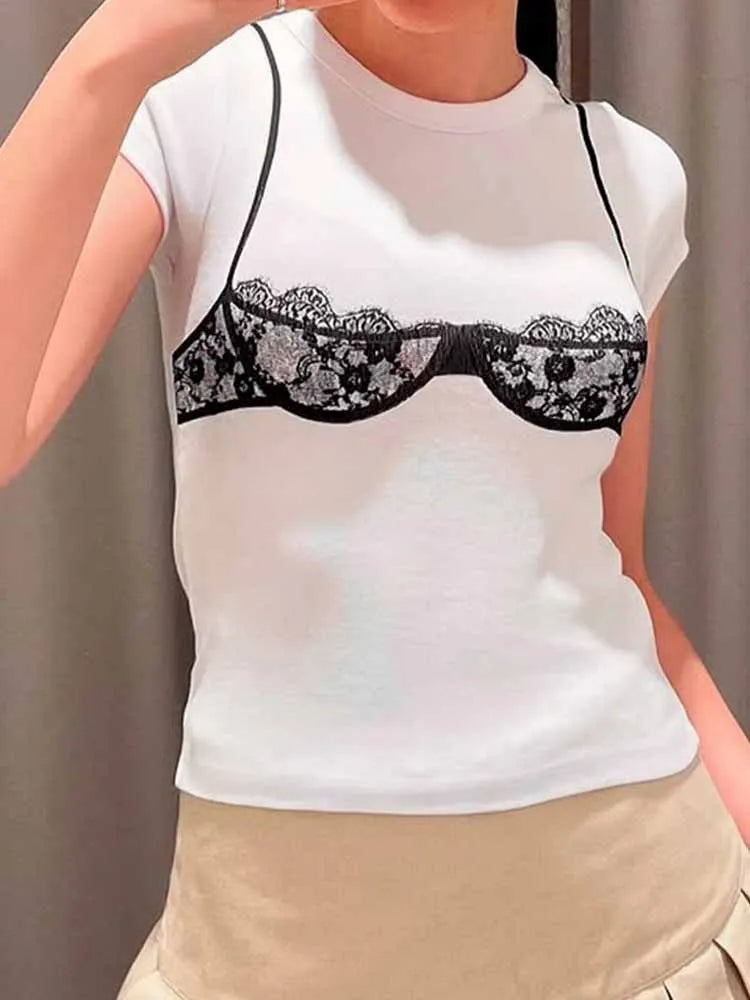 BKQU Lace Bikini Print Graphic T-Shirt Woman Casual Short Sleeve O-Neck Crop Tops Summer Y2k Spicy Girl Slim White Street Tees