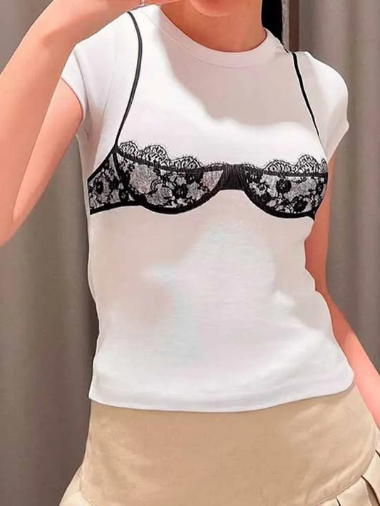 BKQU Lace Bikini Print Graphic T-Shirt Woman Casual Short Sleeve O-Neck Crop Tops Summer Y2k Spicy Girl Slim White Street Tees